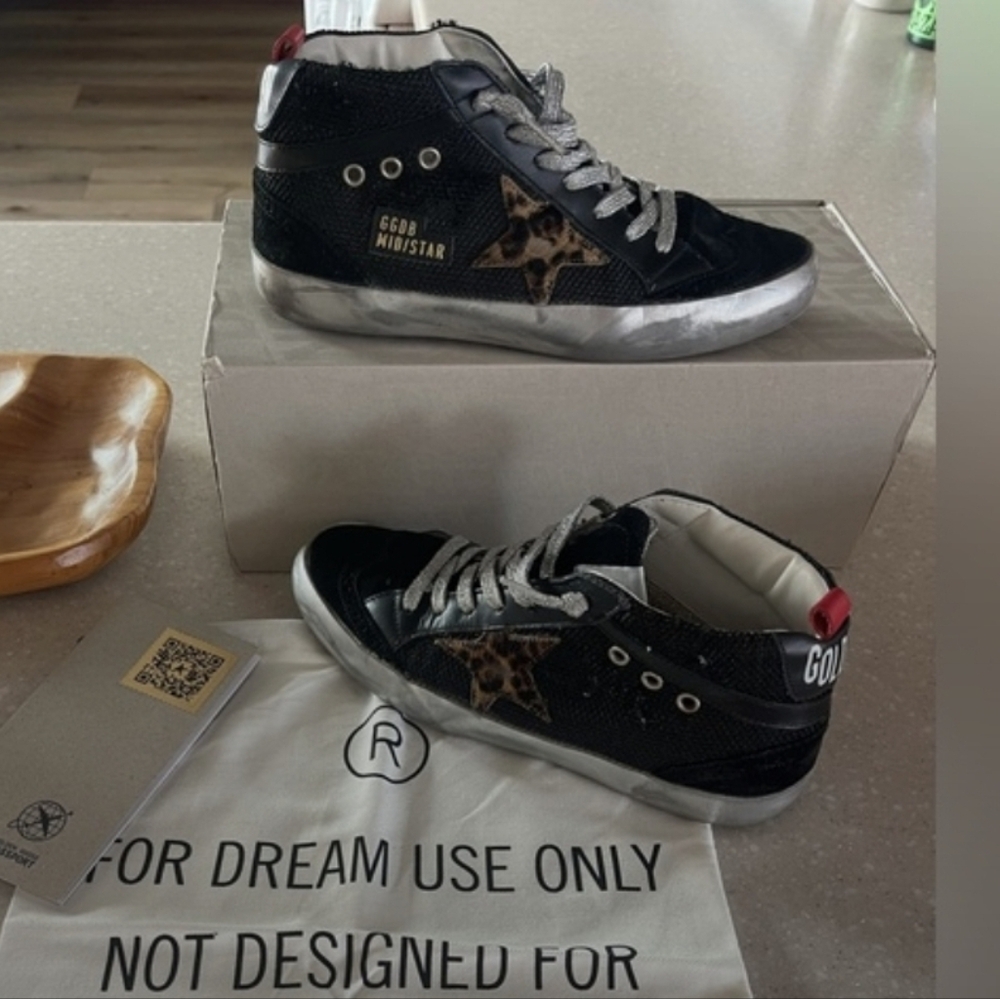 SOLD! Golden Goose Midstar Double Quarter Sneaker Black Leopard Stars Size 38 - Picture 9 of 11